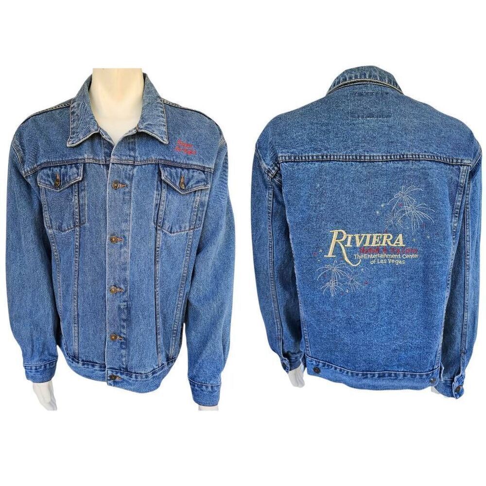 Vintage Riviera Hotel Casino Las Vegas Denim Jacket Circe Jeans Size L 90s Embro